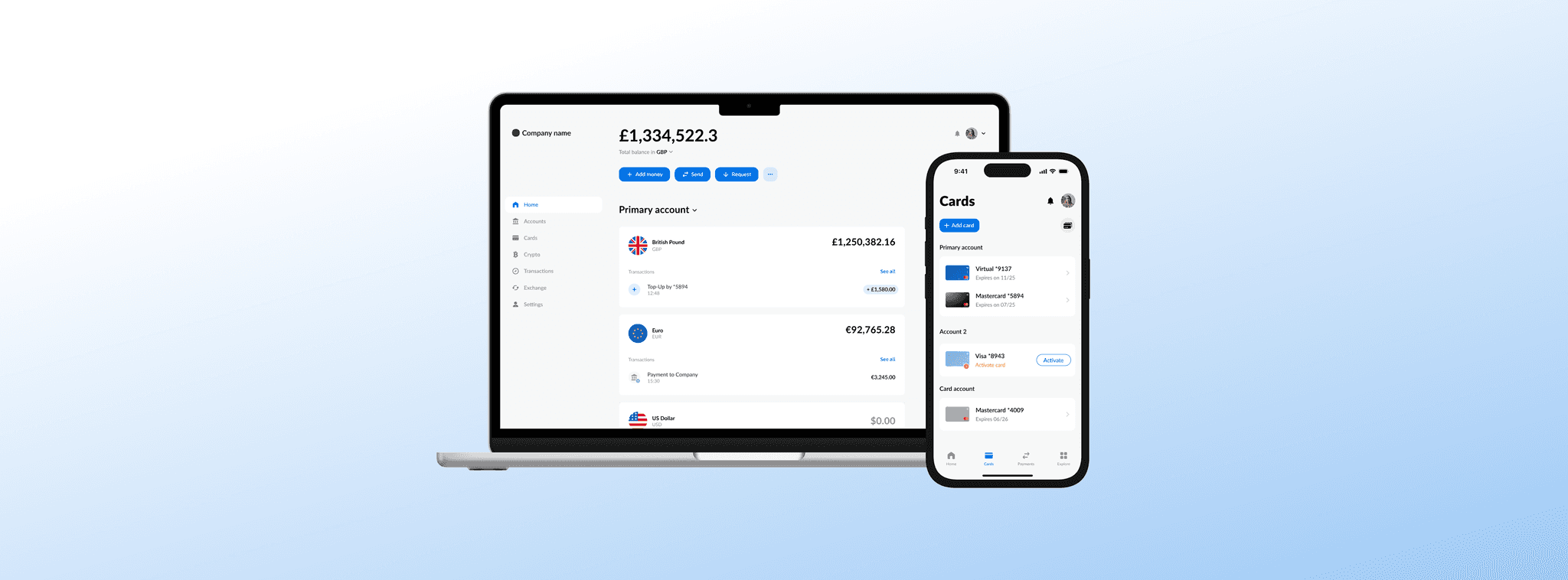 Web dashboard and mobile cards screen of the white-label banking app