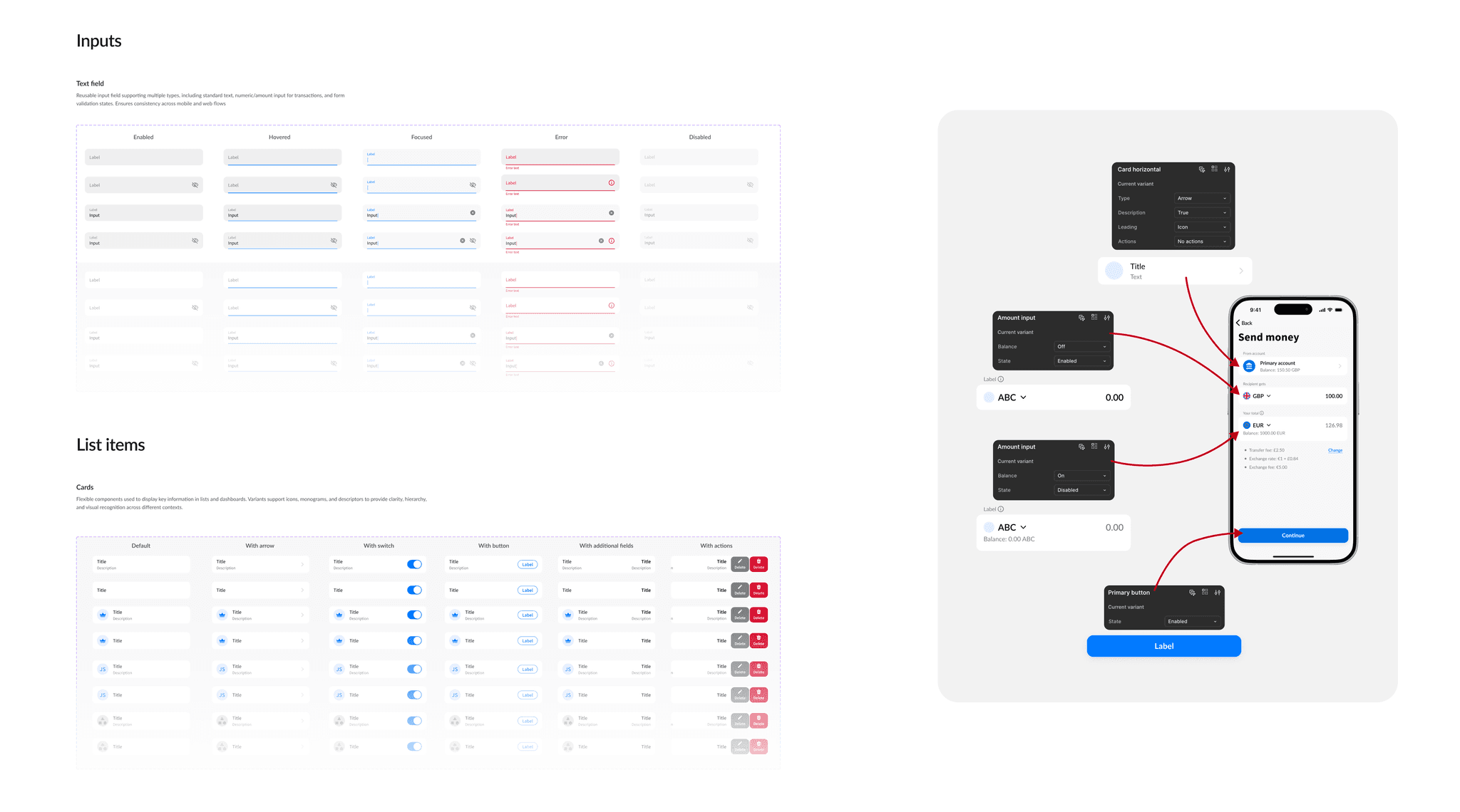 Design system inputs and list items